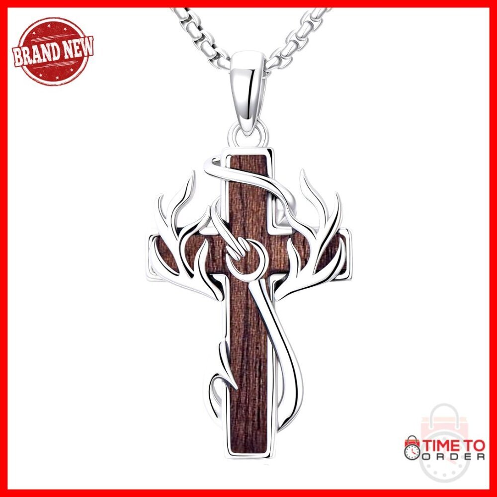 Sterling Silver Cross Antler Fish Hook Necklace Pendant for Men